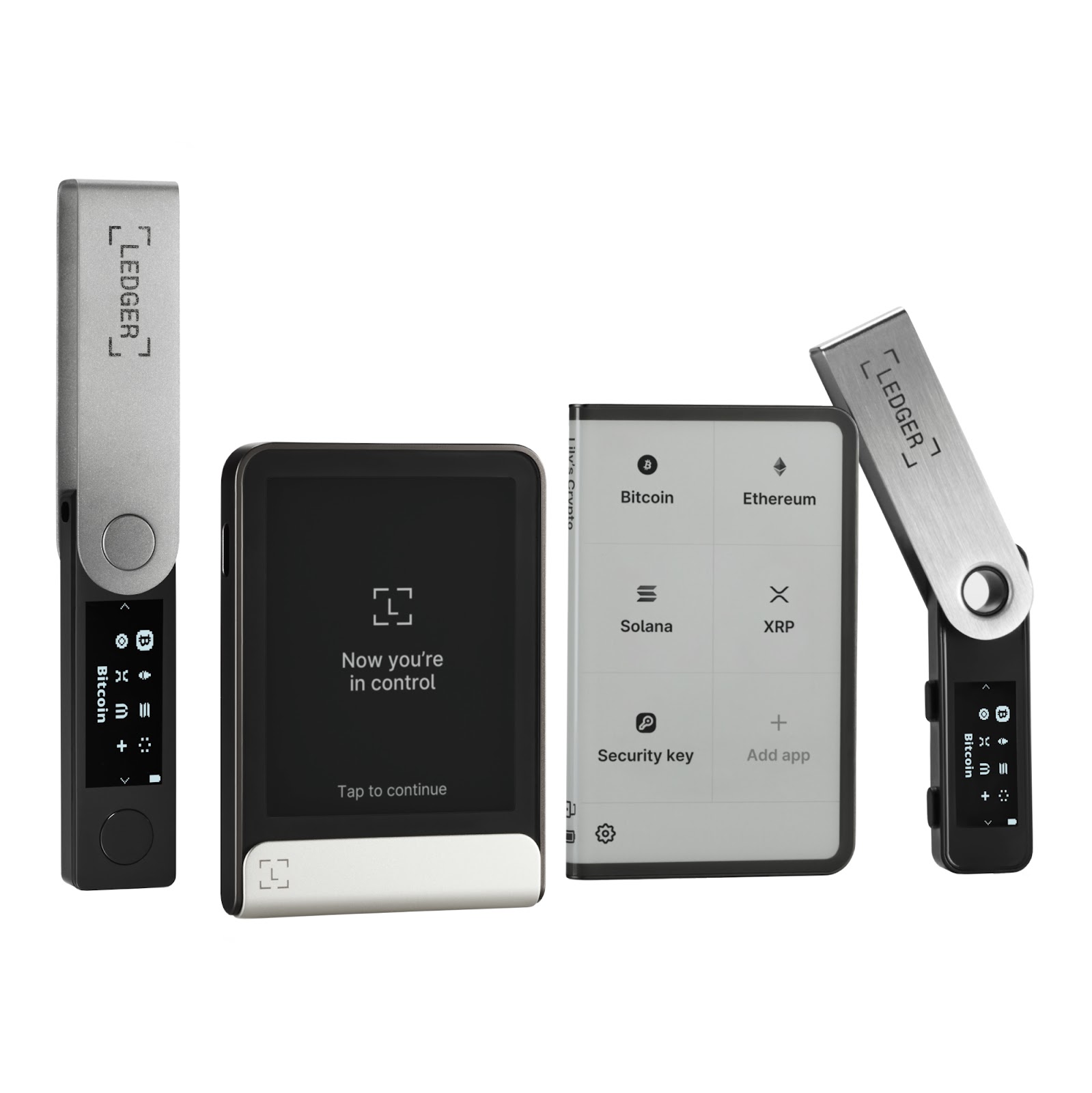 Ledger hardware wallet lineup — Nano, Stax, and Flex devices